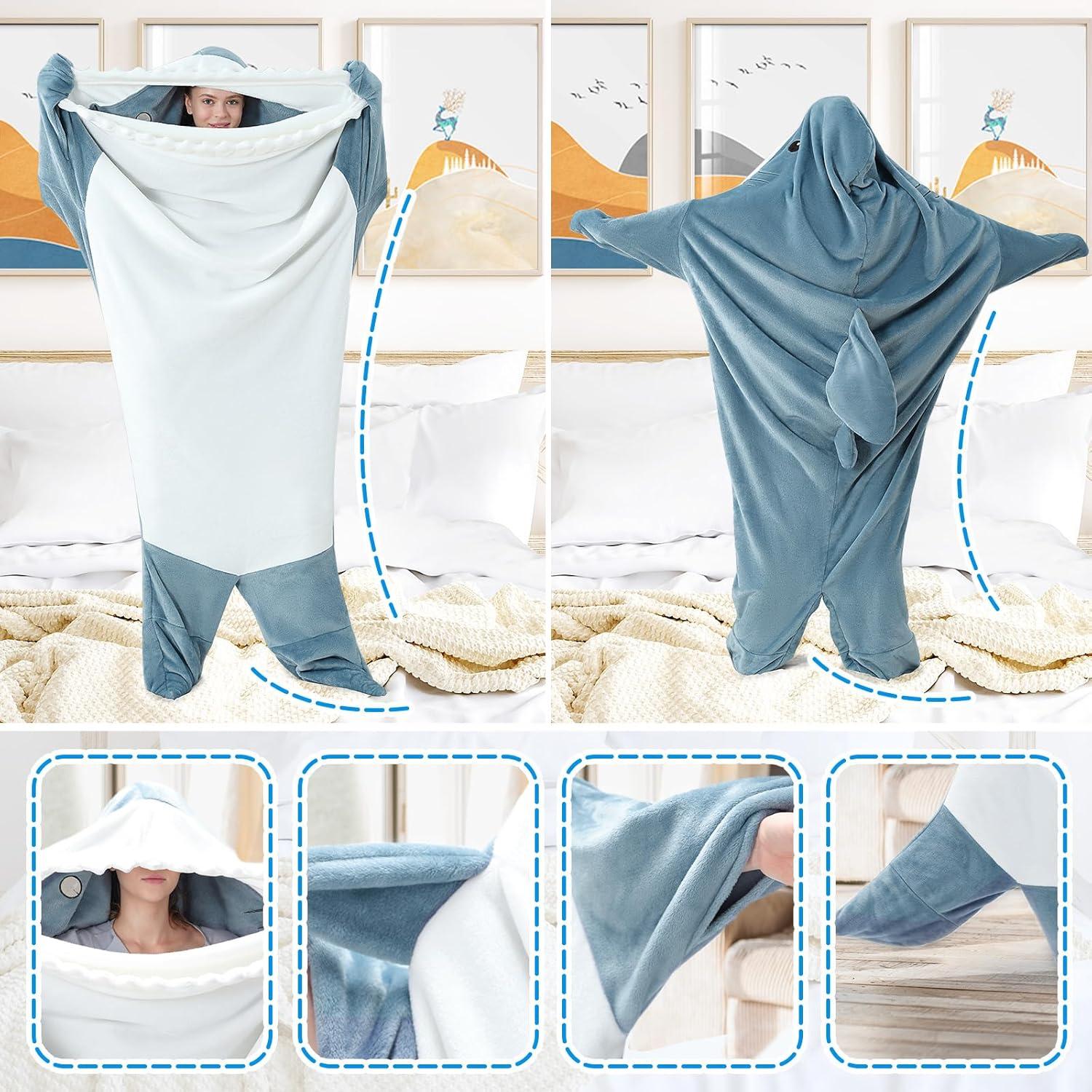imageTouchat Shark Blanket Hoodie Onesie Wearable Blankets Hoodie Adult Warm Flannel Throw Blanket Tail Sleeping Bag Cartoon Costume Shark Onesie Funny Gifts for Adults PinkMBlue