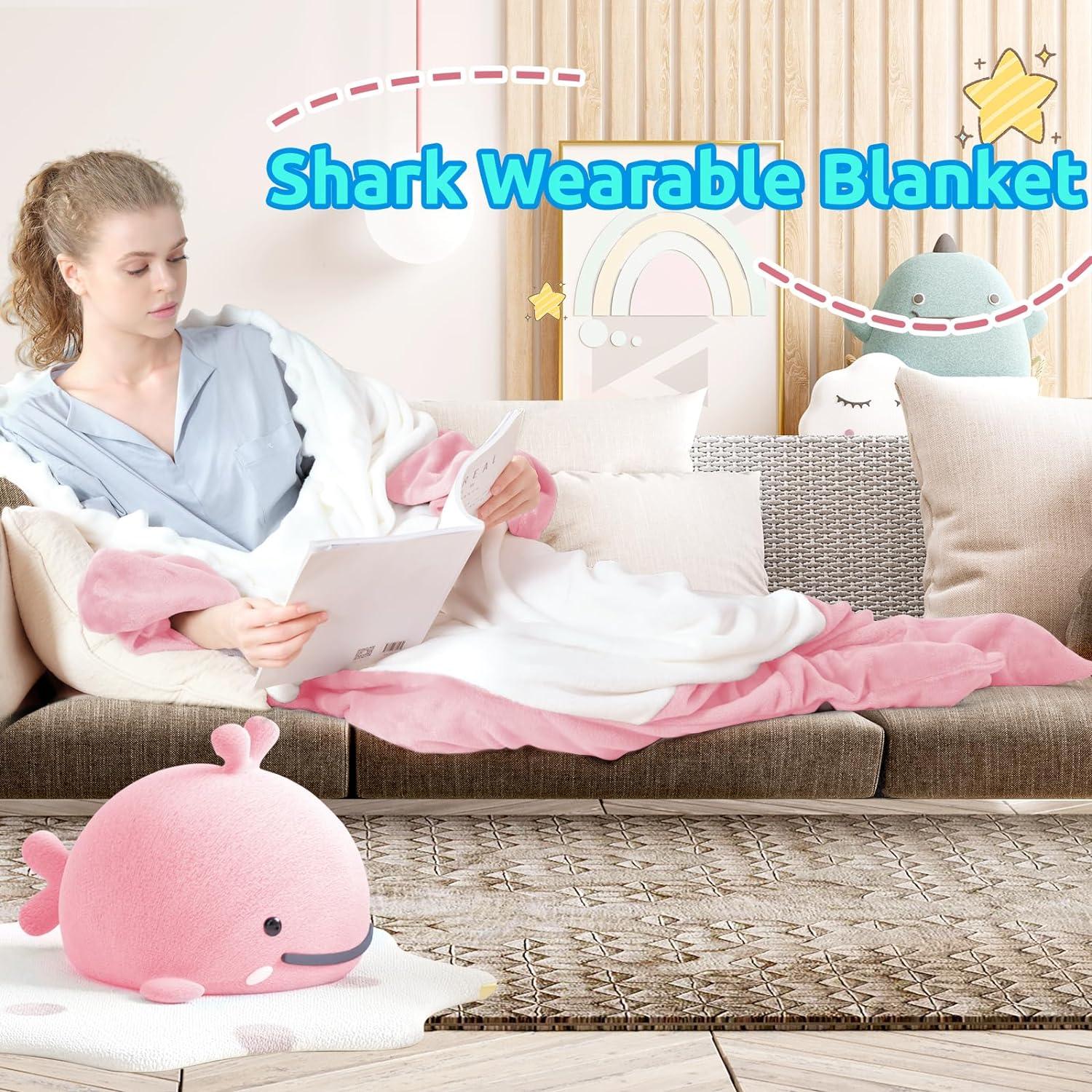 imageTouchat Shark Blanket Hoodie Onesie Wearable Blankets Hoodie Adult Warm Flannel Throw Blanket Tail Sleeping Bag Cartoon Costume Shark Onesie Funny Gifts for Adults PinkMPink