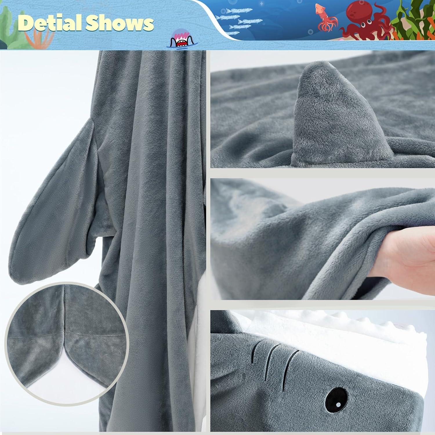 imageTouchat Shark Blanket Hoodie Onesie Wearable Blankets Hoodie Adult Warm Flannel Throw Blanket Tail Sleeping Bag Cartoon Costume Shark Onesie Funny Gifts for Adults PinkMGrey