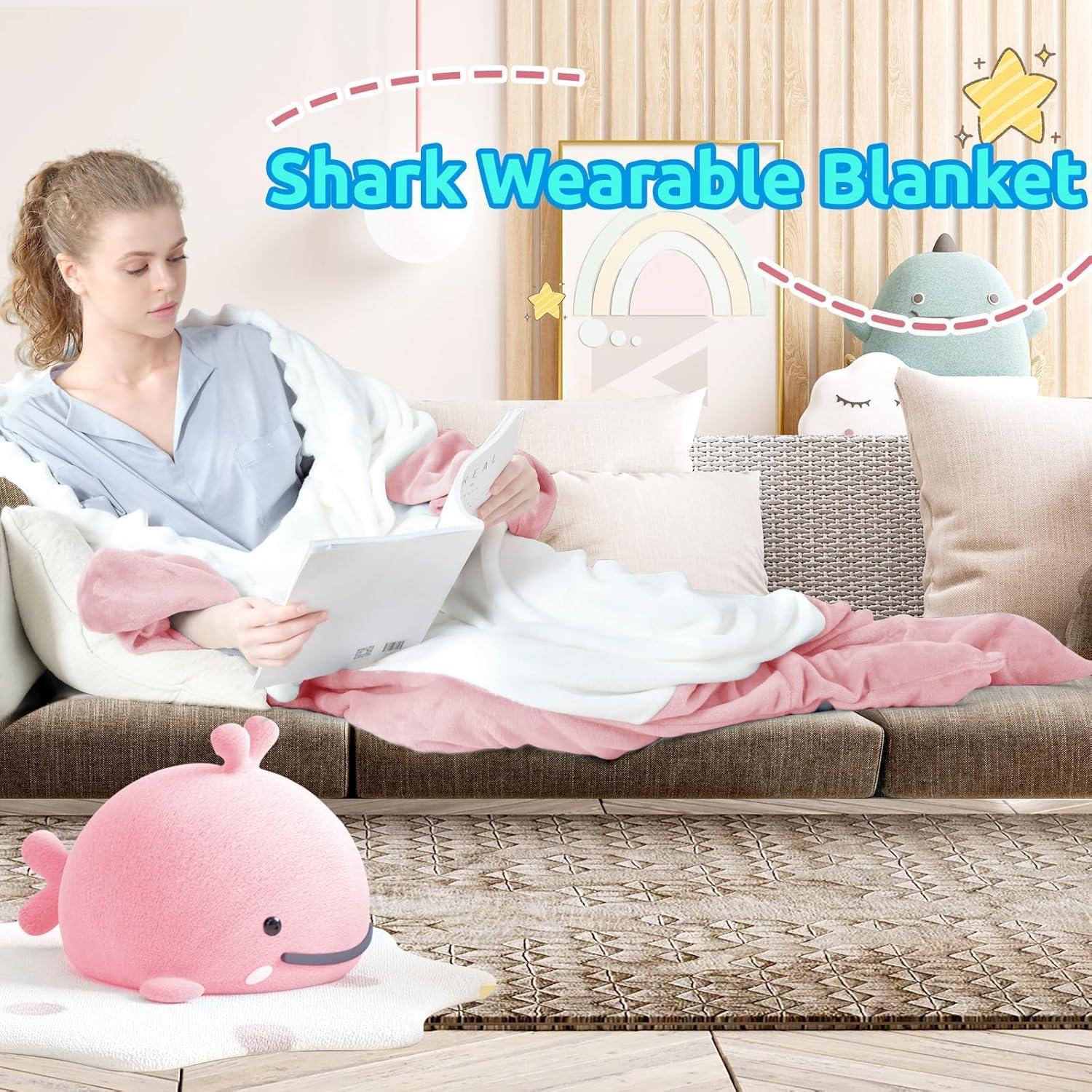 imageTouchat Shark Blanket Hoodie Onesie Wearable Blankets Hoodie Adult Warm Flannel Throw Blanket Tail Sleeping Bag Cartoon Costume Shark Onesie Funny Gifts for Adults PinkMPink