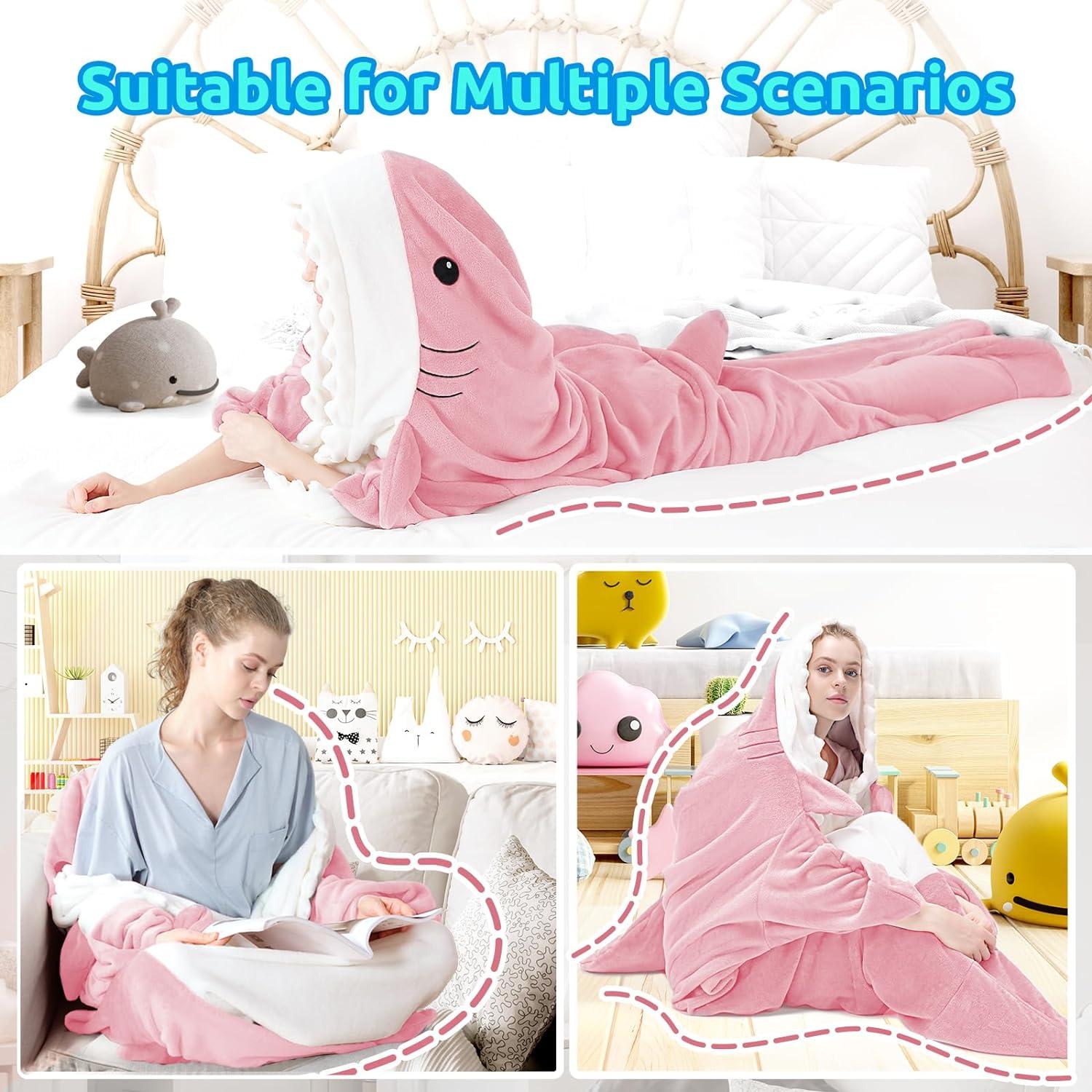 imageTouchat Shark Blanket Hoodie Onesie Wearable Blankets Hoodie Adult Warm Flannel Throw Blanket Tail Sleeping Bag Cartoon Costume Shark Onesie Funny Gifts for Adults PinkMPink