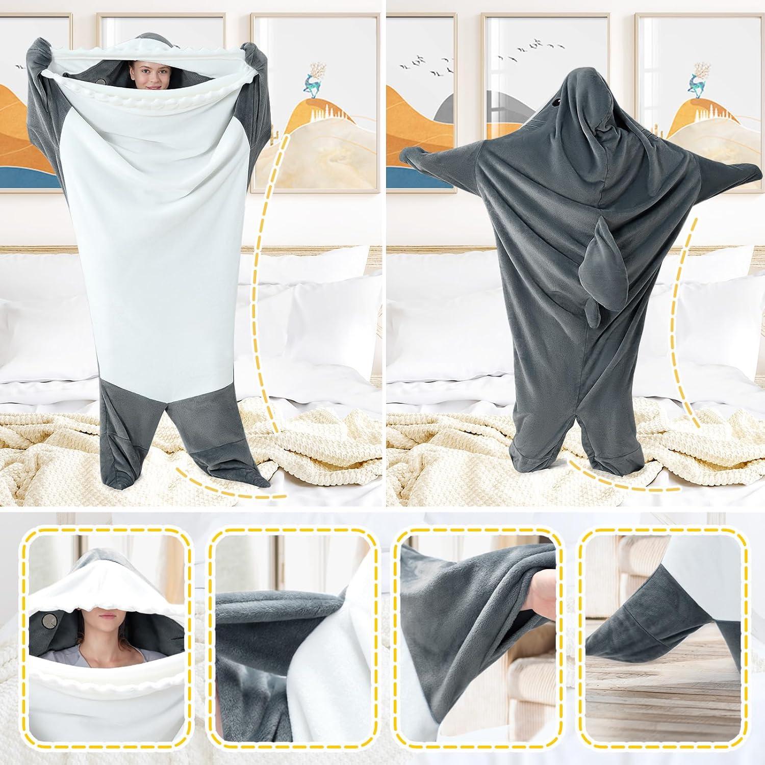 imageTouchat Shark Blanket Hoodie Onesie Wearable Blankets Hoodie Adult Warm Flannel Throw Blanket Tail Sleeping Bag Cartoon Costume Shark Onesie Funny Gifts for Adults PinkMGrey