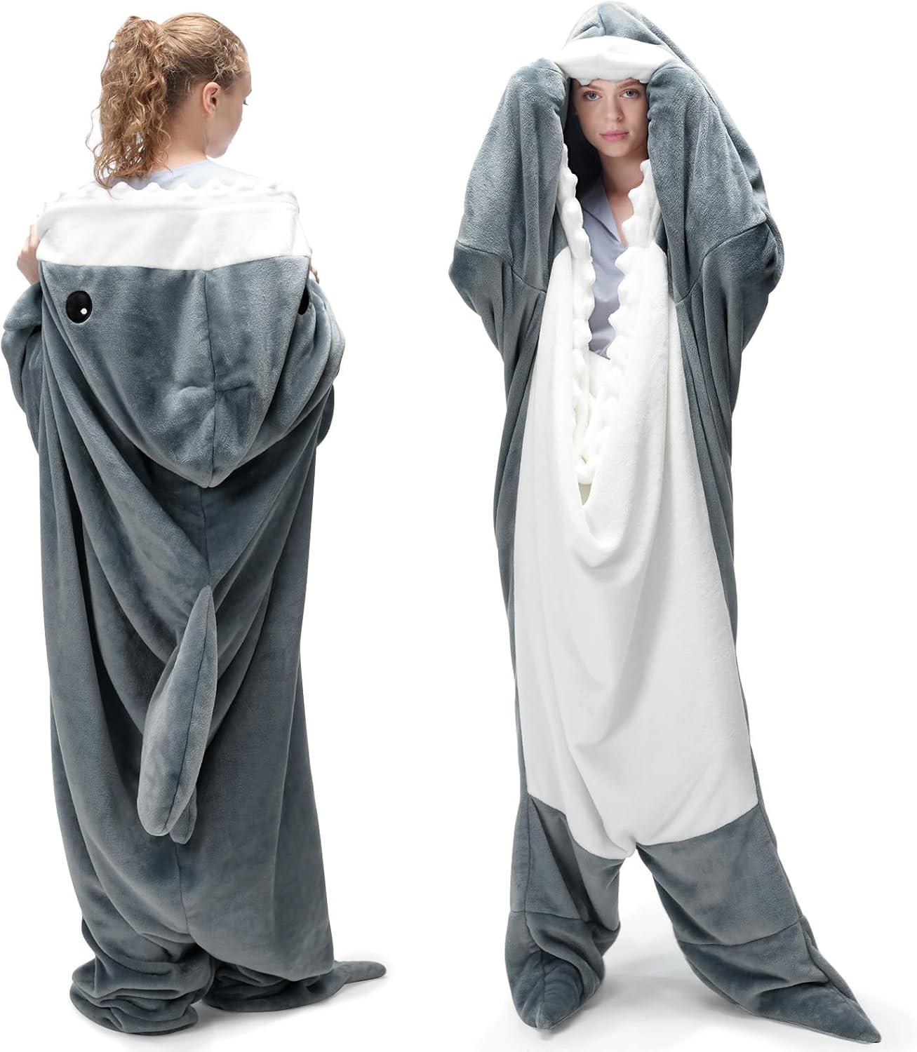 imageTouchat Shark Blanket Hoodie Onesie Wearable Blankets Hoodie Adult Warm Flannel Throw Blanket Tail Sleeping Bag Cartoon Costume Shark Onesie Funny Gifts for Adults PinkMGrey