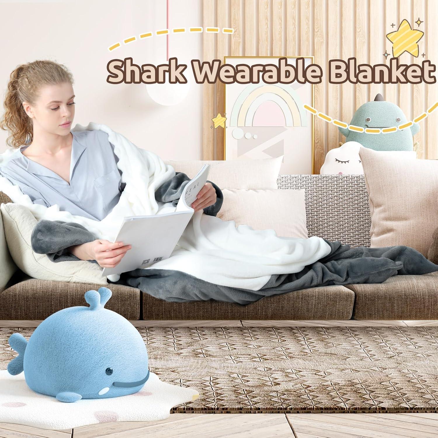 imageTouchat Shark Blanket Hoodie Onesie Wearable Blankets Hoodie Adult Warm Flannel Throw Blanket Tail Sleeping Bag Cartoon Costume Shark Onesie Funny Gifts for Adults PinkMGrey