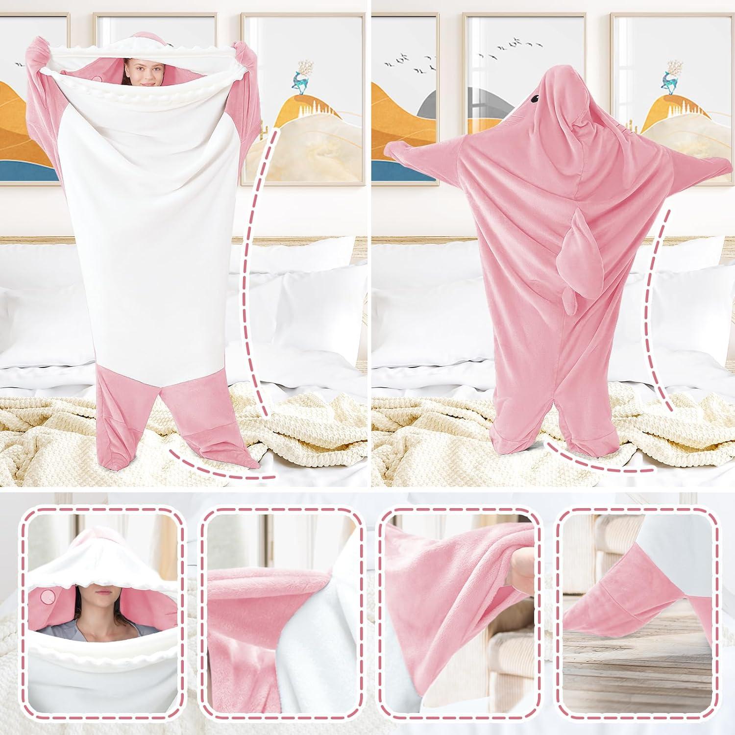 imageTouchat Shark Blanket Hoodie Onesie Wearable Blankets Hoodie Adult Warm Flannel Throw Blanket Tail Sleeping Bag Cartoon Costume Shark Onesie Funny Gifts for Adults PinkMPink