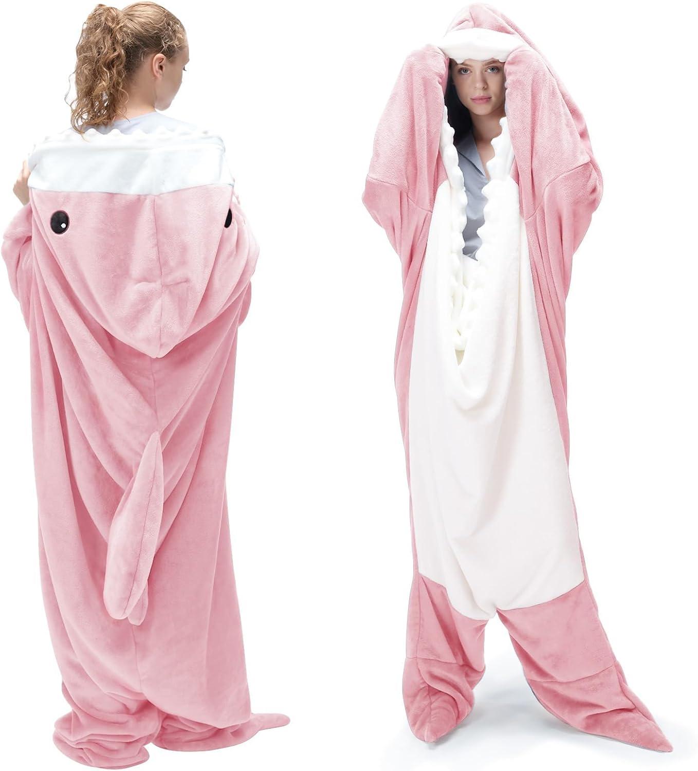 imageTouchat Shark Blanket Hoodie Onesie Wearable Blankets Hoodie Adult Warm Flannel Throw Blanket Tail Sleeping Bag Cartoon Costume Shark Onesie Funny Gifts for Adults PinkMPink
