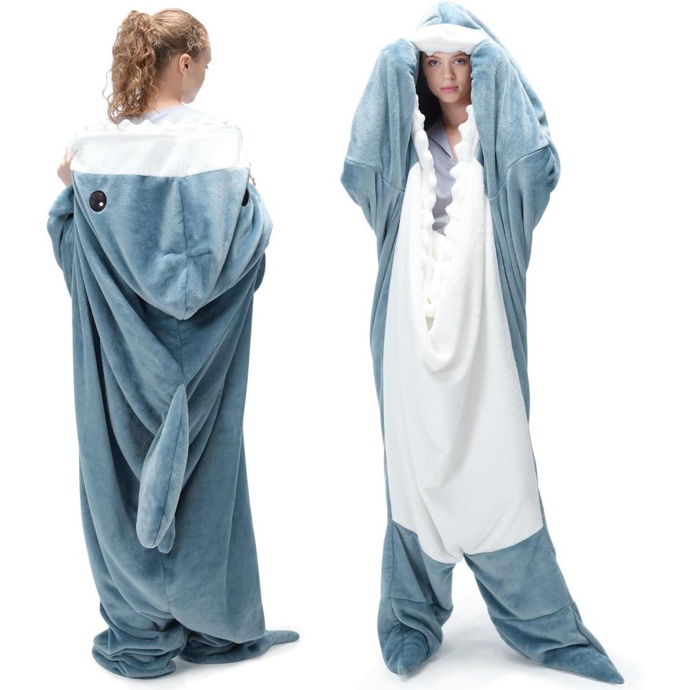 imageTouchat Shark Blanket Hoodie Onesie Wearable Blankets Hoodie Adult Warm Flannel Throw Blanket Tail Sleeping Bag Cartoon Costume Shark Onesie Funny Gifts for Adults PinkMBlue