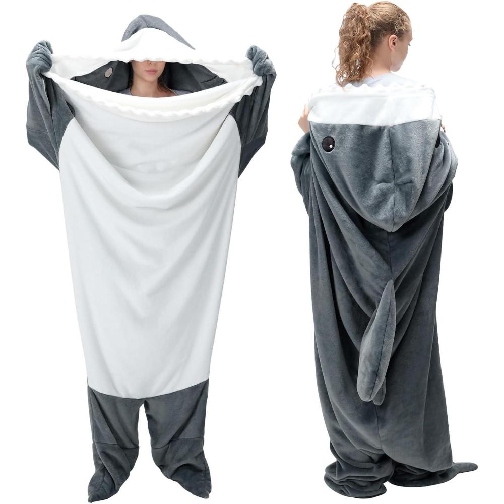 imageTouchat Shark Blanket Hoodie Onesie Wearable Blankets Hoodie Adult Warm Flannel Throw Blanket Tail Sleeping Bag Cartoon Costume Shark Onesie Funny Gifts for Adults PinkMGrey