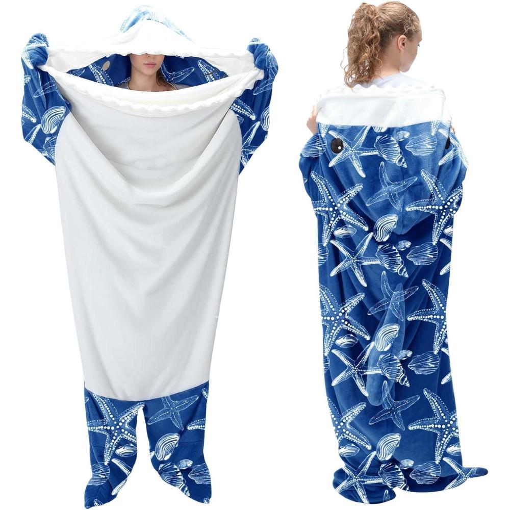 imageTouchat Shark Blanket Hoodie Onesie Wearable Blankets Hoodie Adult Warm Flannel Throw Blanket Tail Sleeping Bag Cartoon Costume Shark Onesie Funny Gifts for Adults PinkMBstarfish