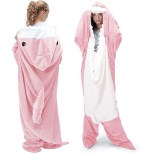 Touchat Shark Blanket Hoodie Onesie, Wearable Blankets Hoodie Adult, Warm Flannel Throw Blanket Tail Sleeping Bag, Cartoon Costume Shark Onesie Funny Gifts for Adults (Pink,M)(Pink)