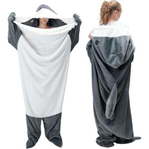 Touchat Shark Blanket Hoodie Onesie, Wearable Blankets Hoodie Adult, Warm Flannel Throw Blanket Tail Sleeping Bag, Cartoon Costume Shark Onesie Funny Gifts for Adults (Pink,M)(Grey)