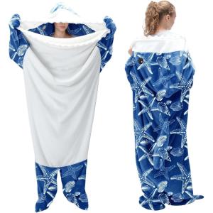Touchat Shark Blanket Hoodie Onesie, Wearable Blankets Hoodie Adult, Warm Flannel Throw Blanket Tail Sleeping Bag, Cartoon Costume Shark Onesie Funny Gifts for Adults (Pink,M)(Bstarfish)