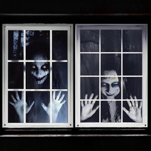 2 Halloween Decoration Effrayant Fenetre 120 x 80 cm Horreur Halloween Bannière Décoration Couverture de Fenêtre D&rsquo;halloween Décorations Rideaux D&rsquo;horreur pour Accessoires décoration(A)