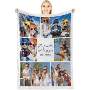 Cadeau Maman Noel – Plaid Personnalisé Maman avec Enfant Photos – Maman Cadeau de Noël Anniversaire et Fete des Meres – Cadeaux Mere Original – Plaide Maman – Couverture Personnalisée Flanelle(06 Photos)